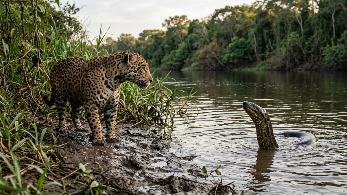 De um lado uma cobra de mais de 6 metros, do outro um felino que pode chegar a 150 kg: o que acontece quando sucuri e onça dividem o mesmo território