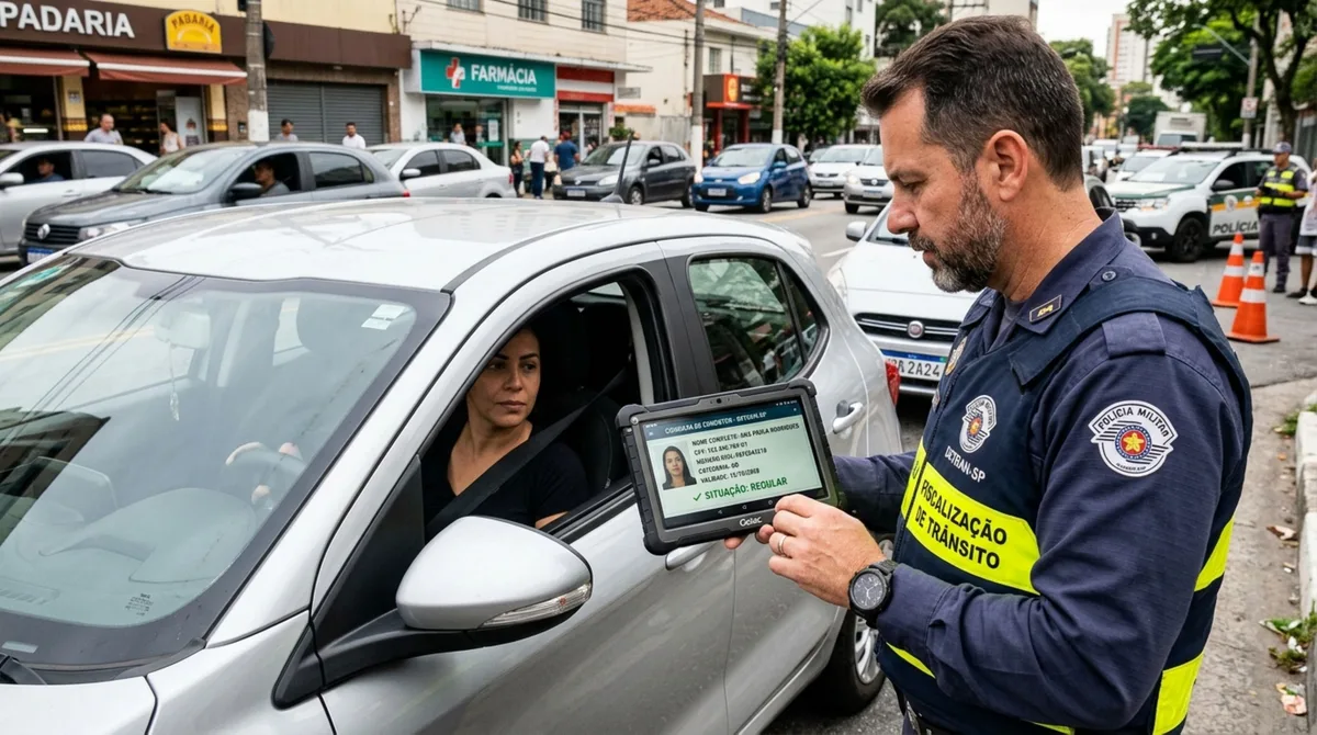 Motorista é parado na blitz de trânsito, diz estar sem a CNH física e sem o celular no momento, agente consulta o sistema e condutor descobre quando o porte do documento pode ser dispensado