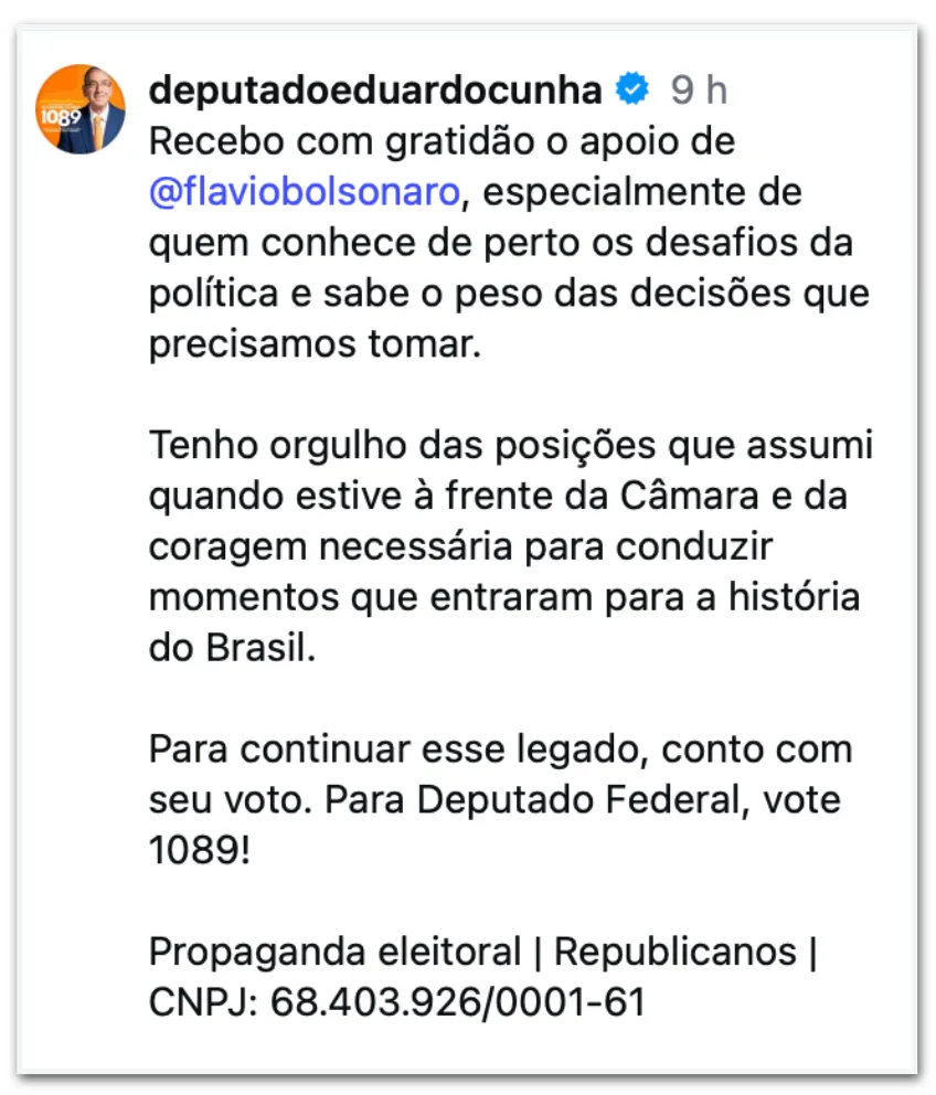 Flávio apoia Cunha e exalta atuação no impeachment de Dilma