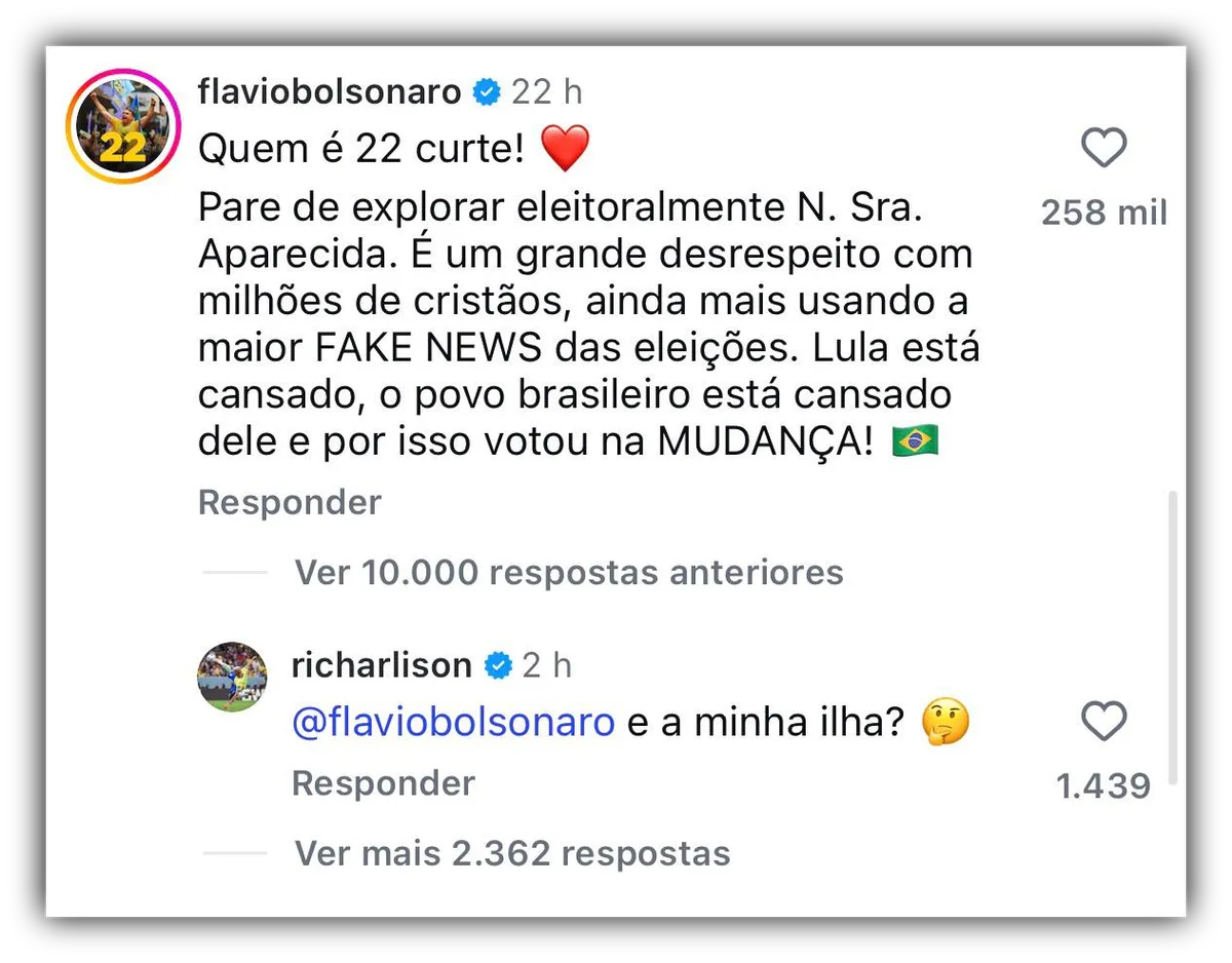 Richarlison questiona Flávio Bolsonaro sobre “ilha” em post