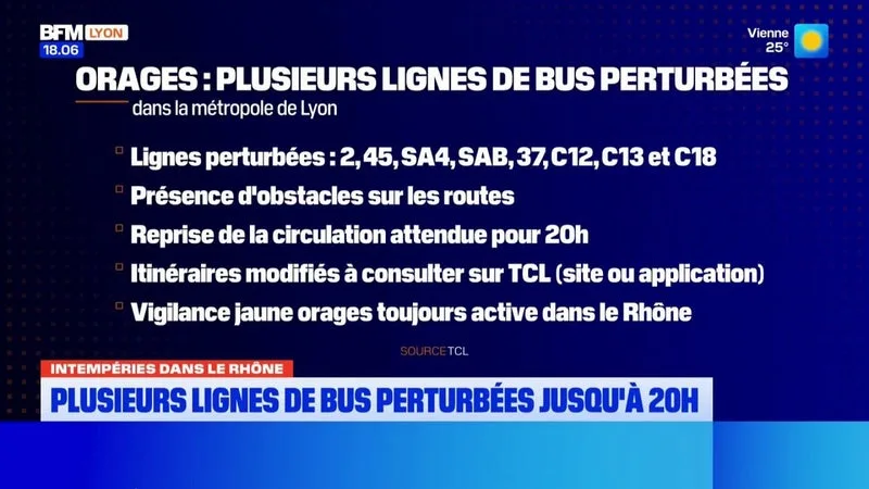 Intempéries dans le Rhône : plusieurs lignes de bus perturbées jusqu'à 20h en raison des orages