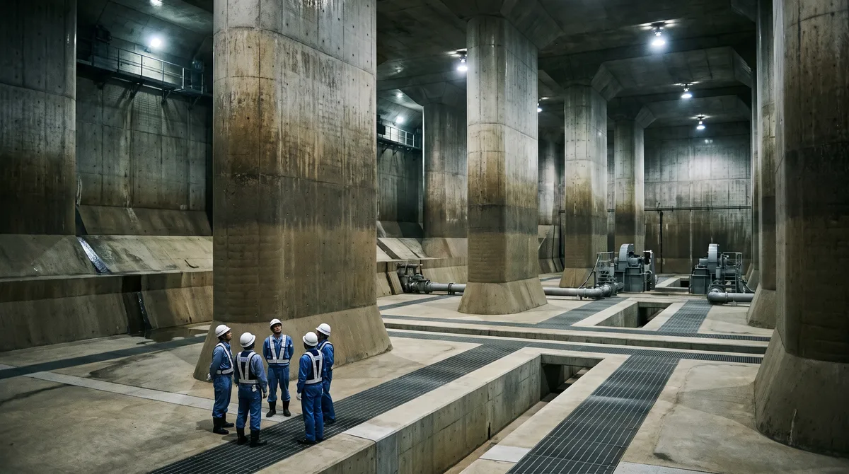 Debaixo de uma cidade japonesa existe uma câmara de 177 metros sustentada por 59 pilares gigantes, mas ela só começa a cumprir sua função quando os rios ameaçam transbordar
