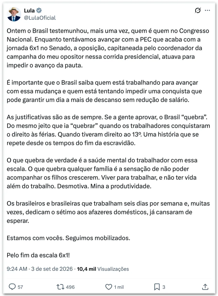 Lula critica Rogério Marinho por tentar “impedir” avanço da 6 X 1