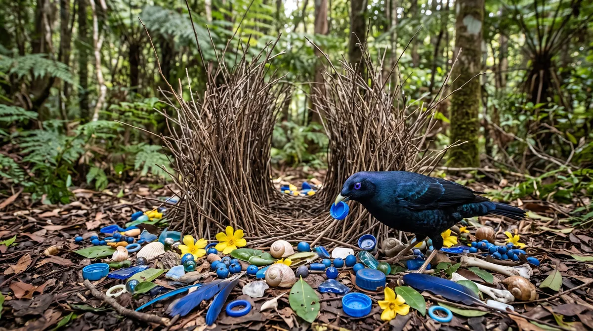 Um pássaro-caramanchão macho pode passar de uma semana a 2 meses construindo uma estrutura que não é ninho, decorando-a com flores, pedras, besouros, vidro e plástico para atrair fêmeas