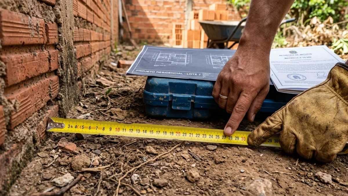Família constrói muro seguindo uma cerca usada há mais de 20 anos e topógrafo mostra que a divisa avançou 46 centímetros sobre o terreno vizinho