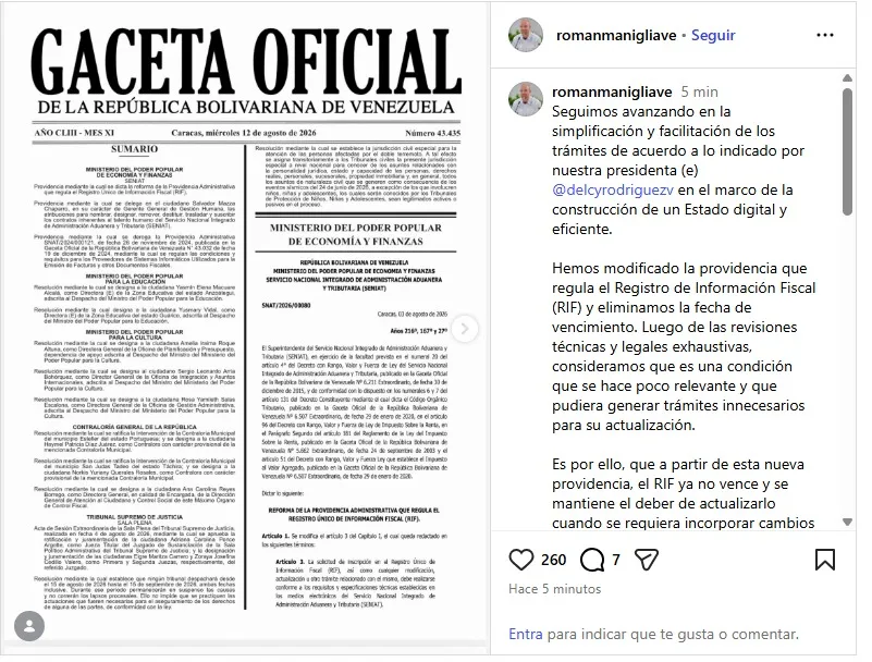 SENIAT eliminó de forma definita la fecha de vencimiento del RIF en Venezuela