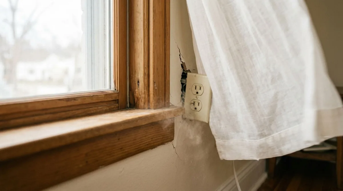 Depois de ouvir um assobio vindo da parede da sala sempre que ventava forte, morador passa meses procurando frestas nas janelas até retirar uma tomada antiga e descobrir que o conduíte vazio atravessava a fachada e funcionava como um pequeno tubo para o vento
