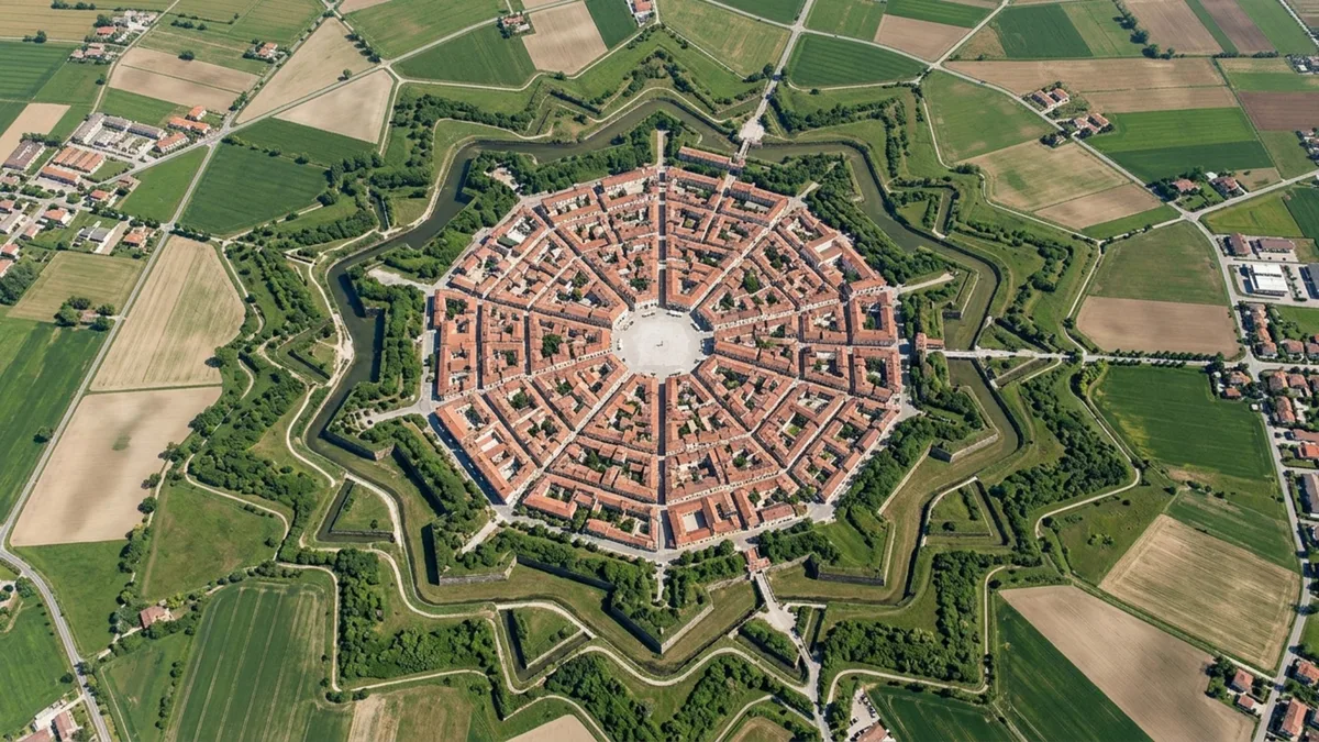 Vista do alto, essa cidade forma uma estrela de 9 pontas desenhada para se defender de ataques