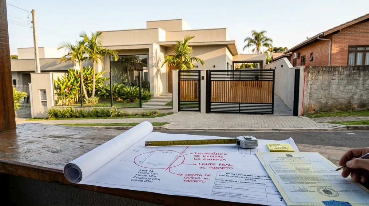 Casal compra terreno para construir a casa dos sonhos, termina a obra e, ao instalar o portão definitivo, descobre divergência entre a frente usada na construção e a matrícula