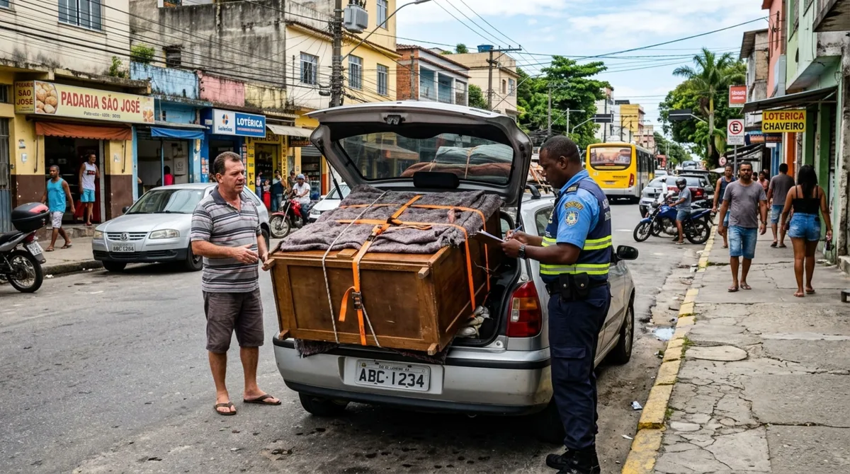 Motorista precisava fazer o transporte de móvel para mudança, ao tentar colocar no carro percebe que o objeto não caberia no veículo, mesmo descendo o banco traseiro, e decide levar com o porta-malas aberto, sendo parado por agentes de trânsito por imprudência
