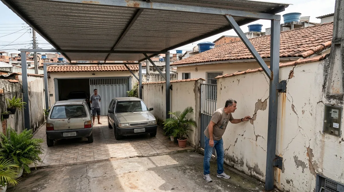 Proprietário constrói uma cobertura para dois carros usando o muro do vizinho como apoio, estrutura começa a apresentar rachaduras e dono do imóvel exige a retirada das vigas, mas o construtor afirma que a parede era compartilhada