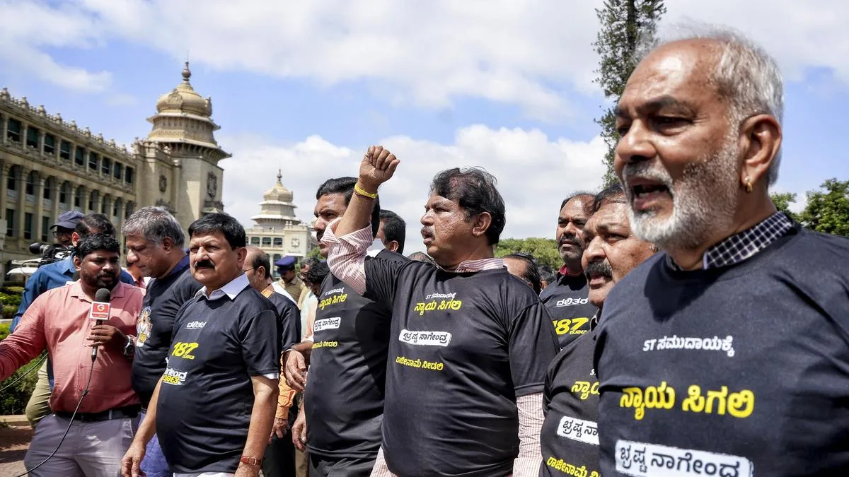Ruling and opposition parties protest outside Vidhan Soudha in Bengaluru over resignation of B. Nagendra for embezzlement in Valmiki corporation