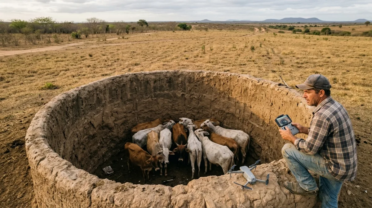 Vacas desapareciam misteriosamente uma a uma de pastagem até o vizinho levantar o drone e encontrar 13 animais amontoados no fundo de um poço de 3 metros