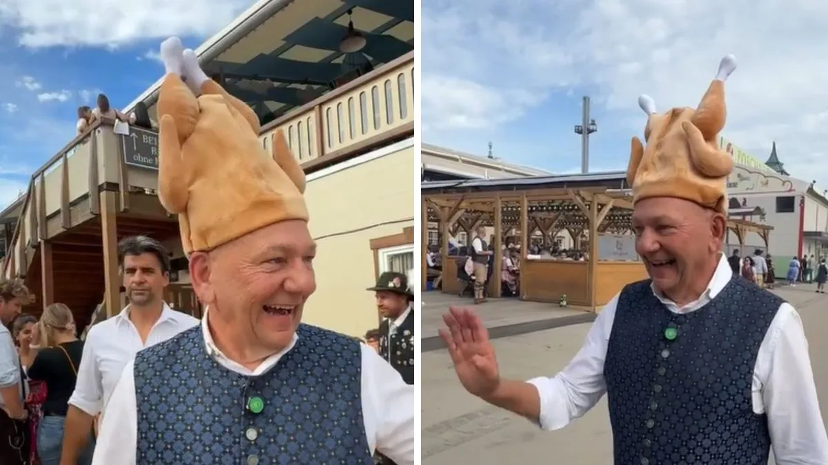 Luciano Hang surge com chapéu em formato de frango assado e diverte seguidores e público na Oktoberfest de Munique