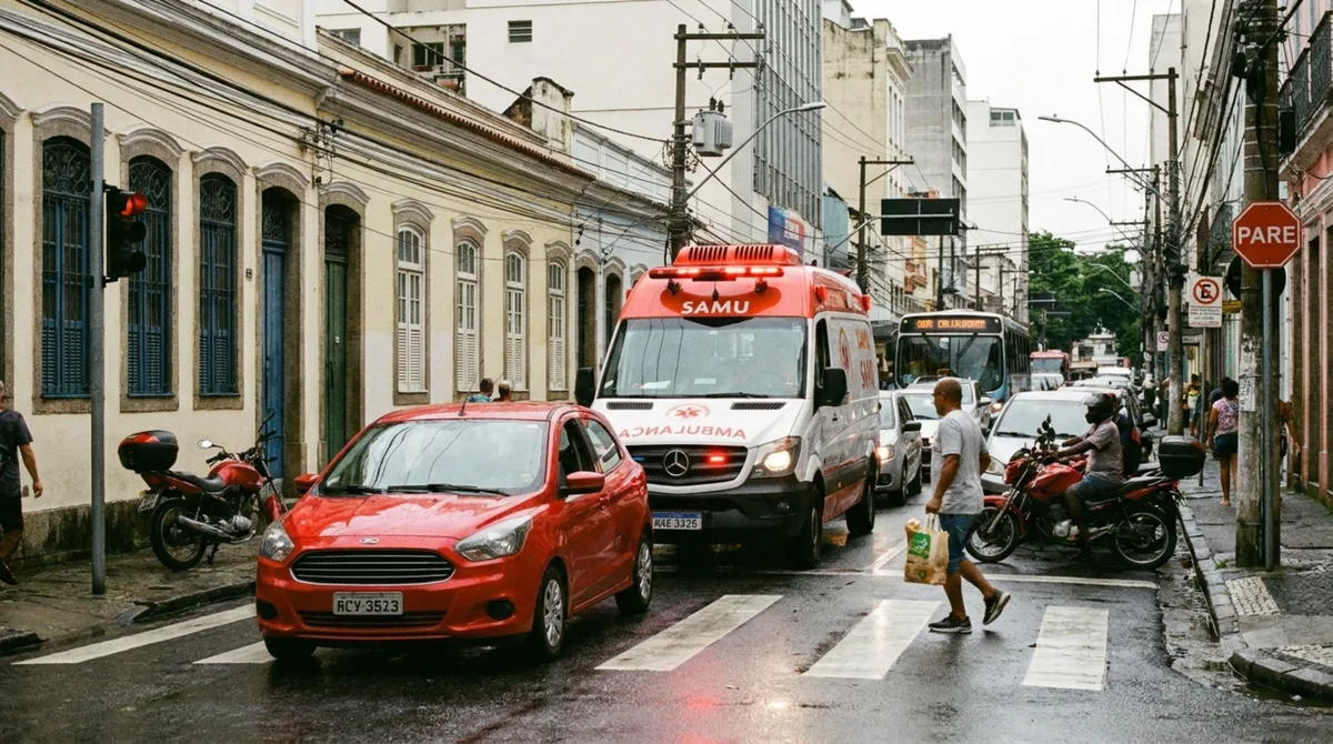 Motorista está parado no semáforo quando ambulância se aproxima com sirene ligada, condutor fica sem saber como abrir passagem e teme cometer outra infração ao invadir faixa de pedestres ou calçada, CTB explica o dever específico nessas situações