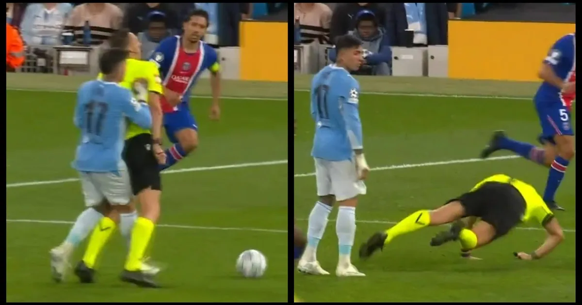 Video: Enzo Fernández se llevó puesto al árbitro en Manchester City vs PSG
