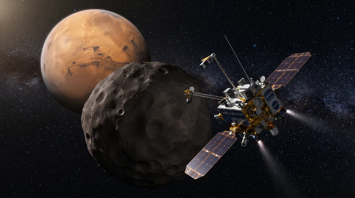 O Japão está enviando uma sonda espacial para pousar em Fobos, a lua de Marte, coletar mais de 10 gramas de material de sua superfície e trazê-lo de volta à Terra