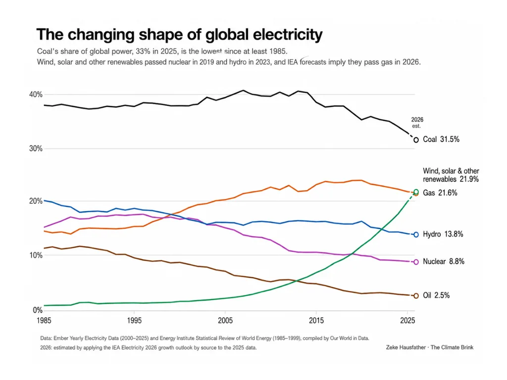 Un gráfico explica el hito histórico que ha alcanzado la energía en 2026: la solar y la eólica por encima del gas