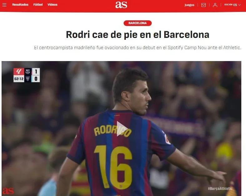 "Caiu de pé": imprensa espanhola se rende a Rodri após estreia pelo Barcelona