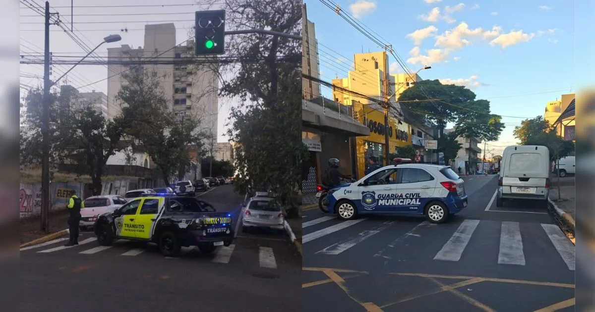Trânsito no centro de Apucarana sofre bloqueio para manutenção de poste danificado após acidente