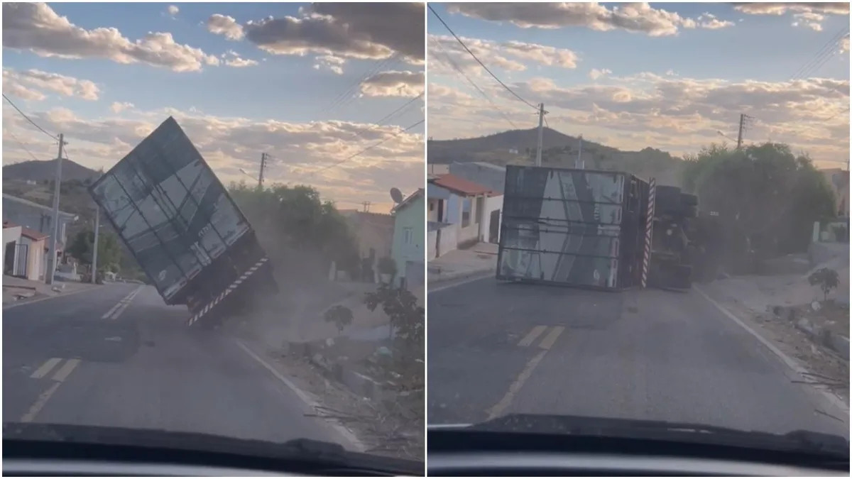 Caminhão sem freio colide e tomba em ladeira no interior do Ceará; vídeo