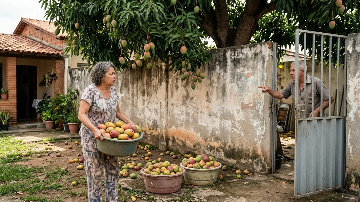 Mulher recolhe mangas que caíram da árvore do vizinho dentro de seu quintal, proprietário exige a devolução dos frutos e ela descobre que o Código Civil estabelece a quem pertencem as frutas que caem em terreno particular
