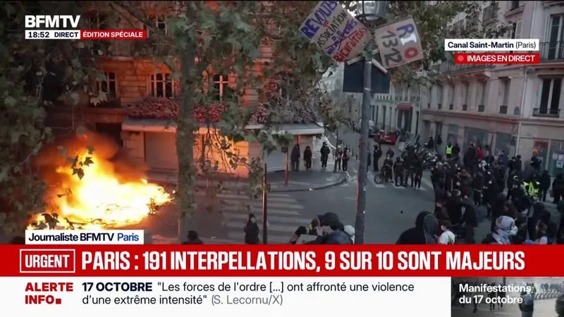 Mobilisations du 17 octobre: une barricade a été incendiée près du Canal Saint-Martin à Paris