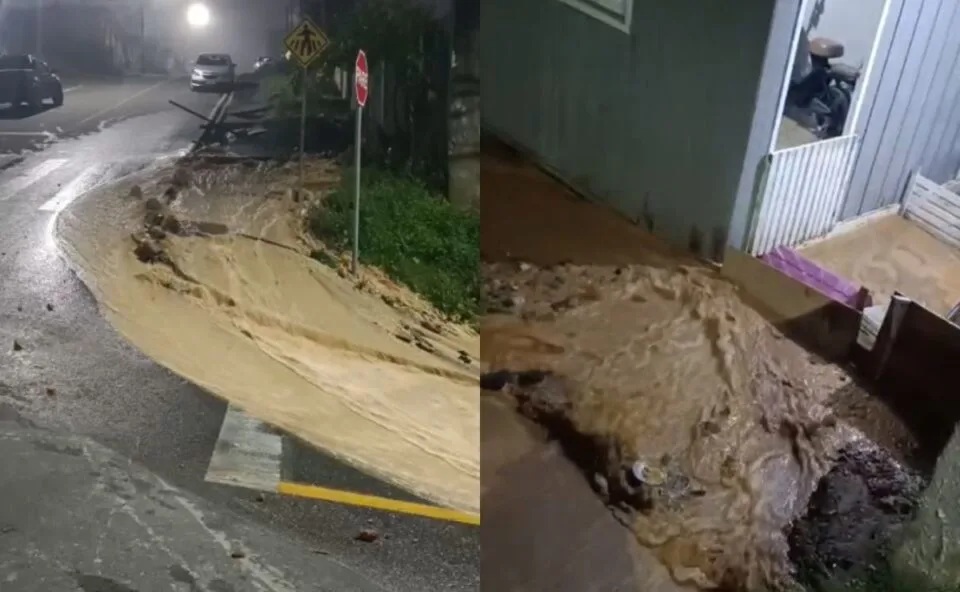 Rompimento de adutora gera “cachoeira” e vazamento de água alaga ruas e invade casas em Almirante Tamandaré; vídeo