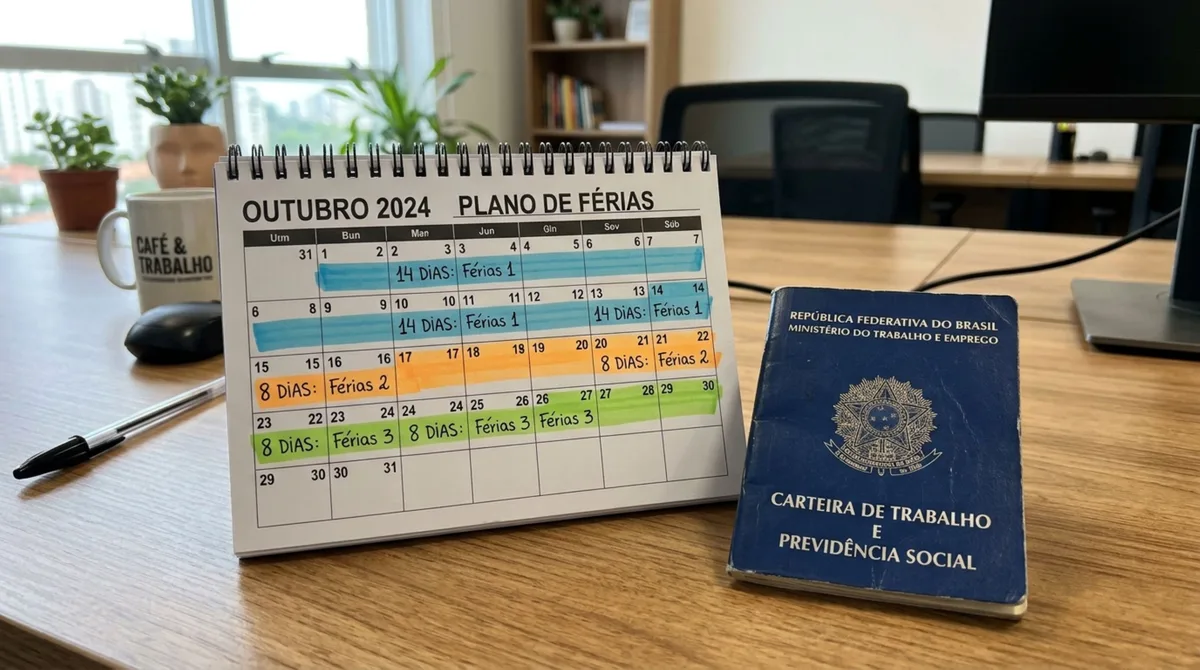 CLT não obriga férias em um só bloco: até 3 períodos são permitidos, com 14 dias no maior e 5 dias nos demais, segundo a lei