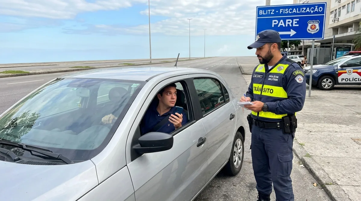 Motorista é parado em blitz falando no celular, alega que era uma ligação rápida e agente explica que a infração pode somar com outras e suspender a habilitação