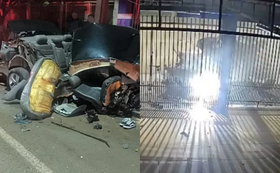 Câmera flagra momento em que carro “desmonta” ao colidir contra poste; passageira morreu