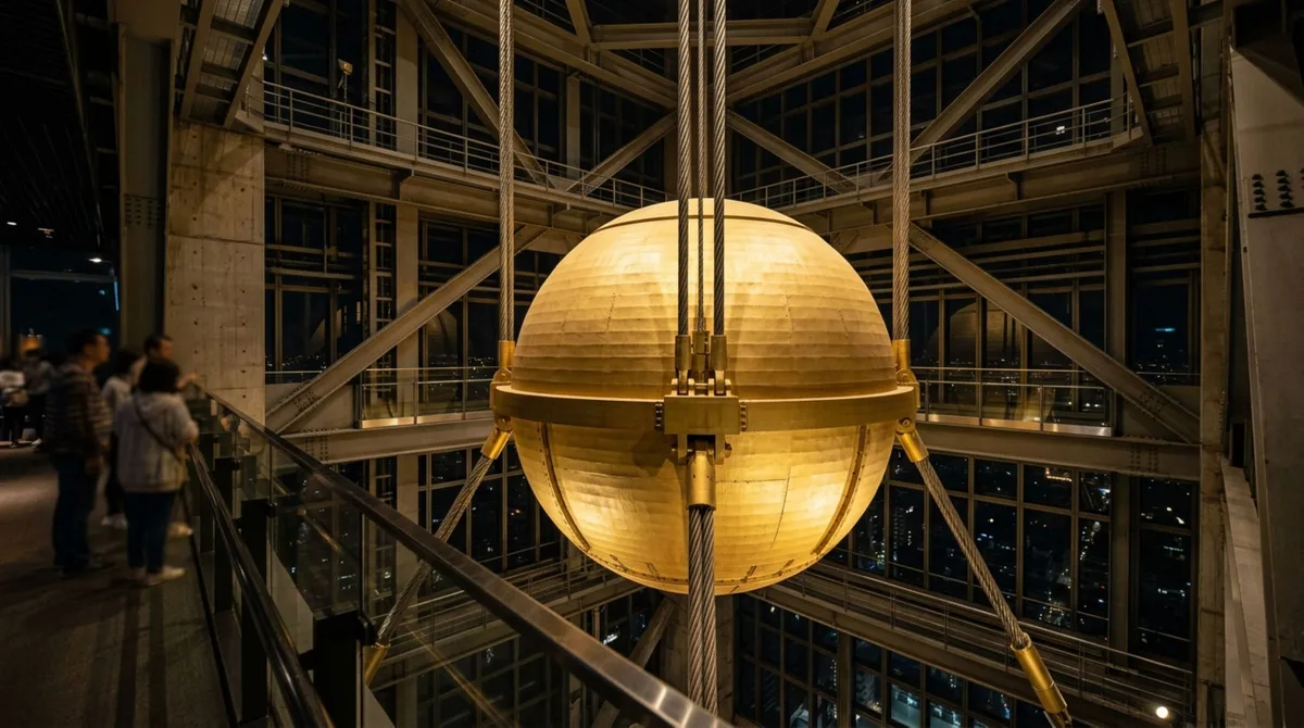 A esfera de aço de 660 toneladas suspensa no topo de um prédio de 508 metros que funciona como um pêndulo antiterremoto