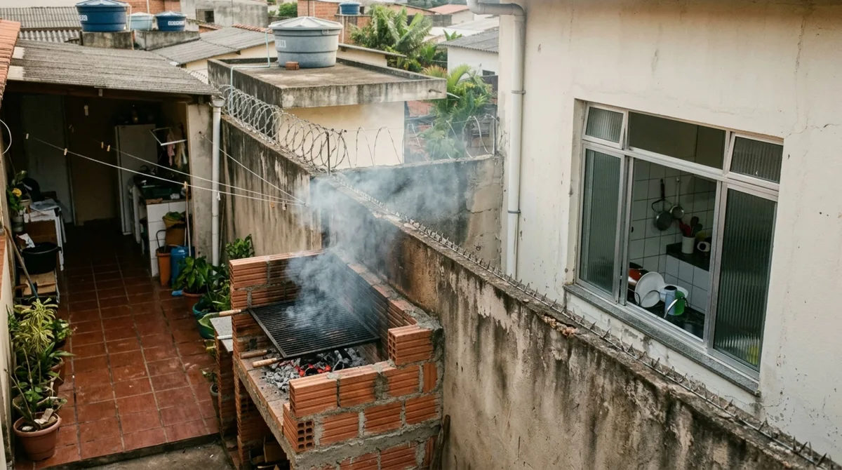 Morador constrói uma churrasqueira de alvenaria encostada no muro da divisa, vizinha começa a receber fumaça pela janela da cozinha e exige a mudança da estrutura, mas a planta da reforma revela que não foi previsto nenhum sistema de exaustão