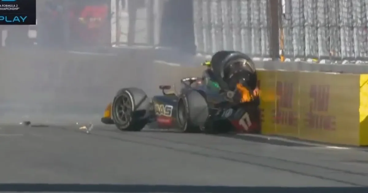 El temible Madring ya hizo de las suyas: palazo y fuego en la F2, en la primera bandera roja del GP de España