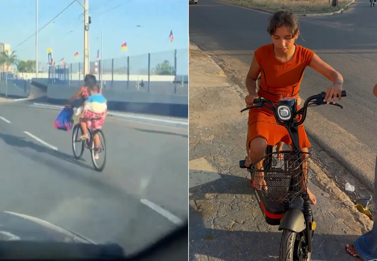 Mãe que levava filho para escola amarrado à cintura ganha bicicleta elétrica no TO; VÍDEO
