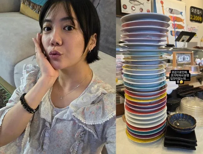 고은아, 코감기로 코 막혔다더니…초밥 뷔페서 30접시 '산더미 탑'
