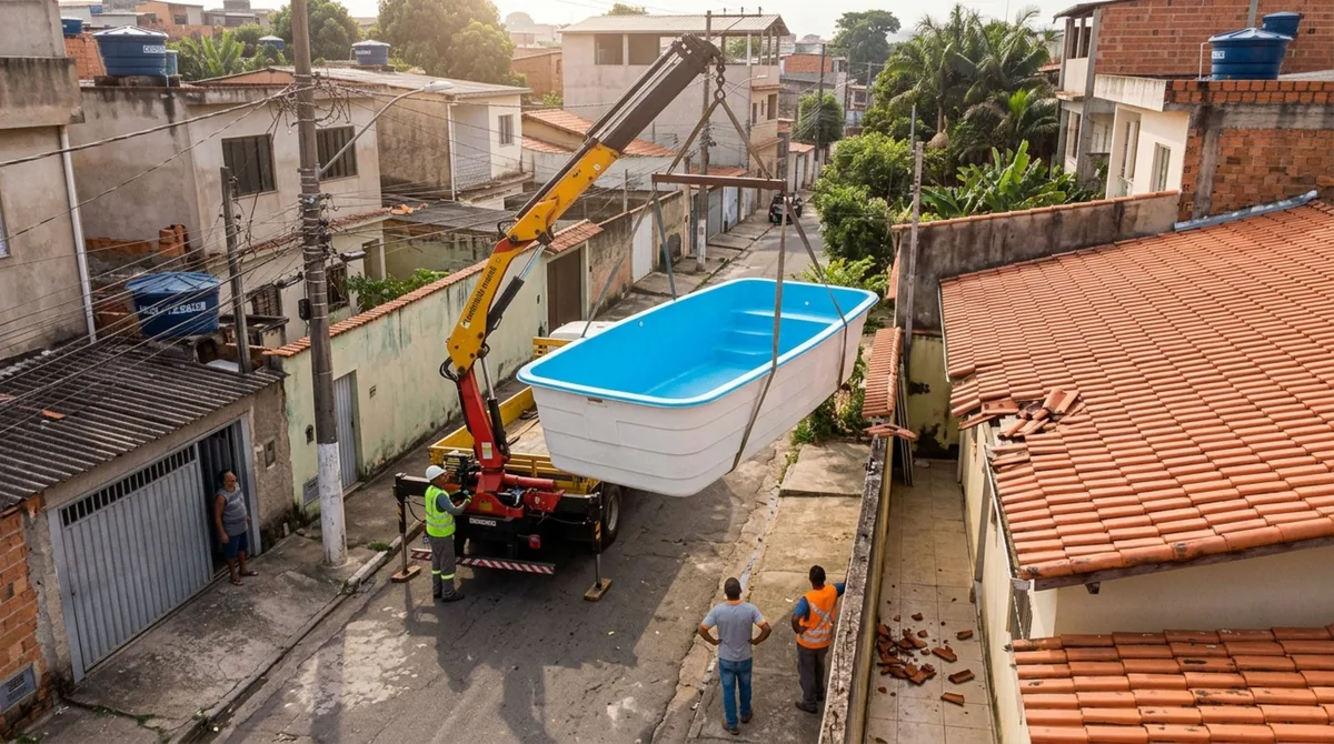 Família encomenda uma piscina de fibra para instalar no quintal, caminhão com guindaste atinge o telhado da casa vizinha e proprietário recebe cobrança pelo conserto, mas gravação mostra quem comandava a operação