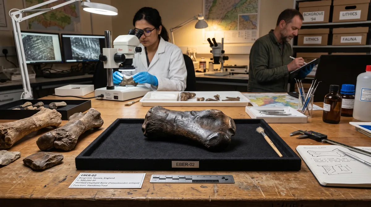 Um pedaço de osso de elefante com quase 500 mil anos virou martelo para afiar ferramentas de pedra no sul da Inglaterra