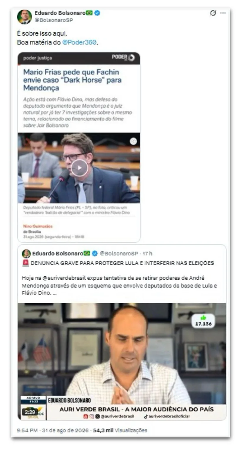 Eduardo Bolsonaro apoia pedido para tirar caso “Dark Horse” de Dino