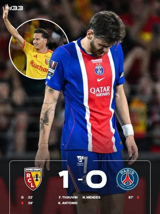 PSG, 트로피 놓쳤다! 이강인 떠나자 '4연속 우승' 깨졌다...'10명' 랑스에 0-1 충격패→슈퍼컵 5연패 좌절