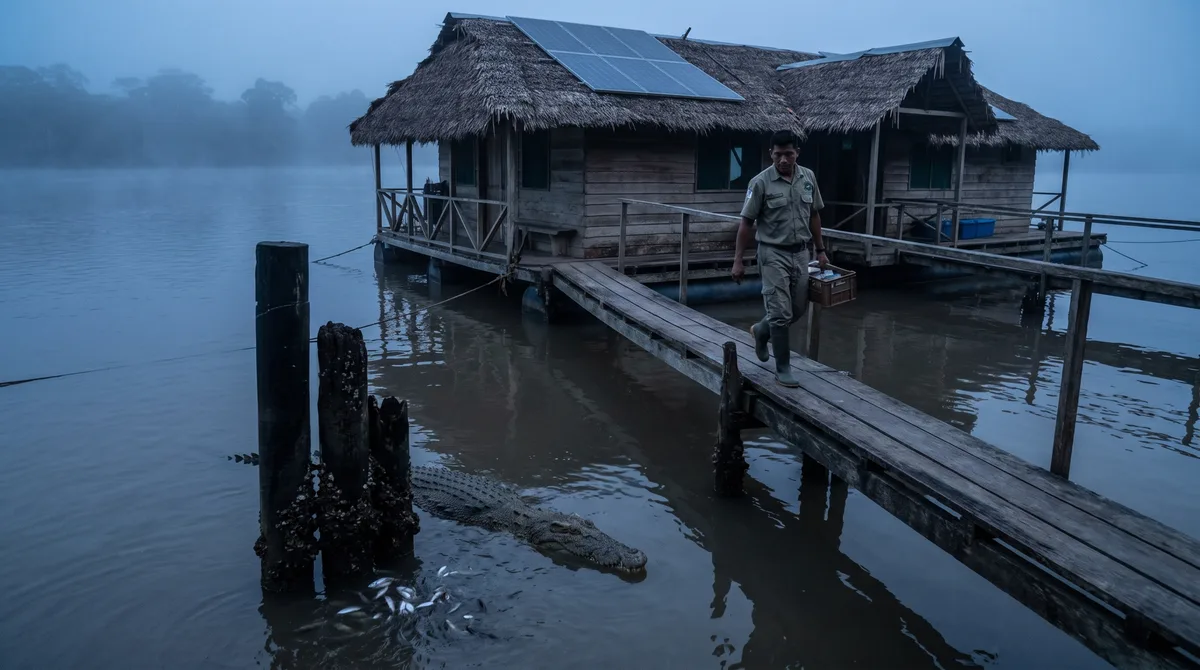Durante cinco semanas abrindo uma pousada flutuante antes do amanhecer, funcionário passa a encontrar o mesmo crocodilo imóvel ao lado da rampa de serviço, até que uma cheia muda o canal e o animal reaparece três dias depois sob a passarela usada para descarregar mantimentos