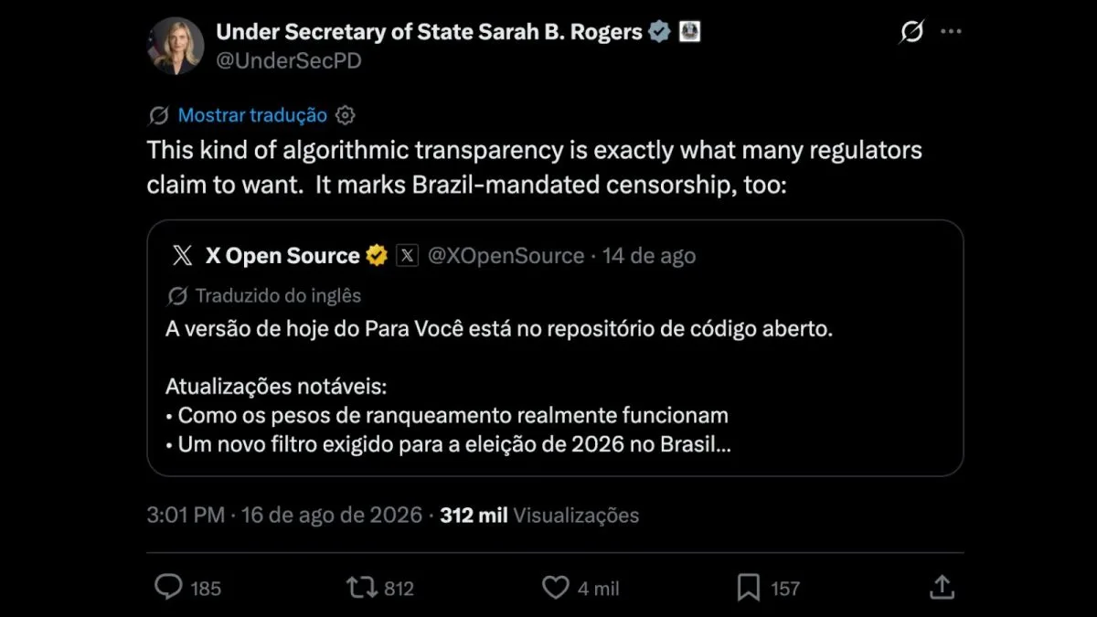 ‘Censura imposta pelo Brasil’: integrante do governo Trump critica mudança no X nas eleições