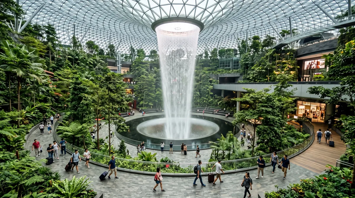 El aeropuerto más bonito del mundo con una cascada interior capaz de vertir 38.000 litros de agua, según National Geographic