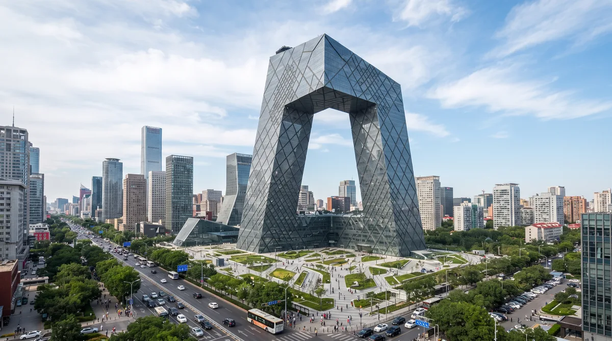 Desafiando a gravidade com um formato de “loop” contínuo e duas torres inclinadas que se encontram a 162 metros do chão, o edifício de vidro é um verdadeiro quebra-cabeça geométrico contra as leis da física