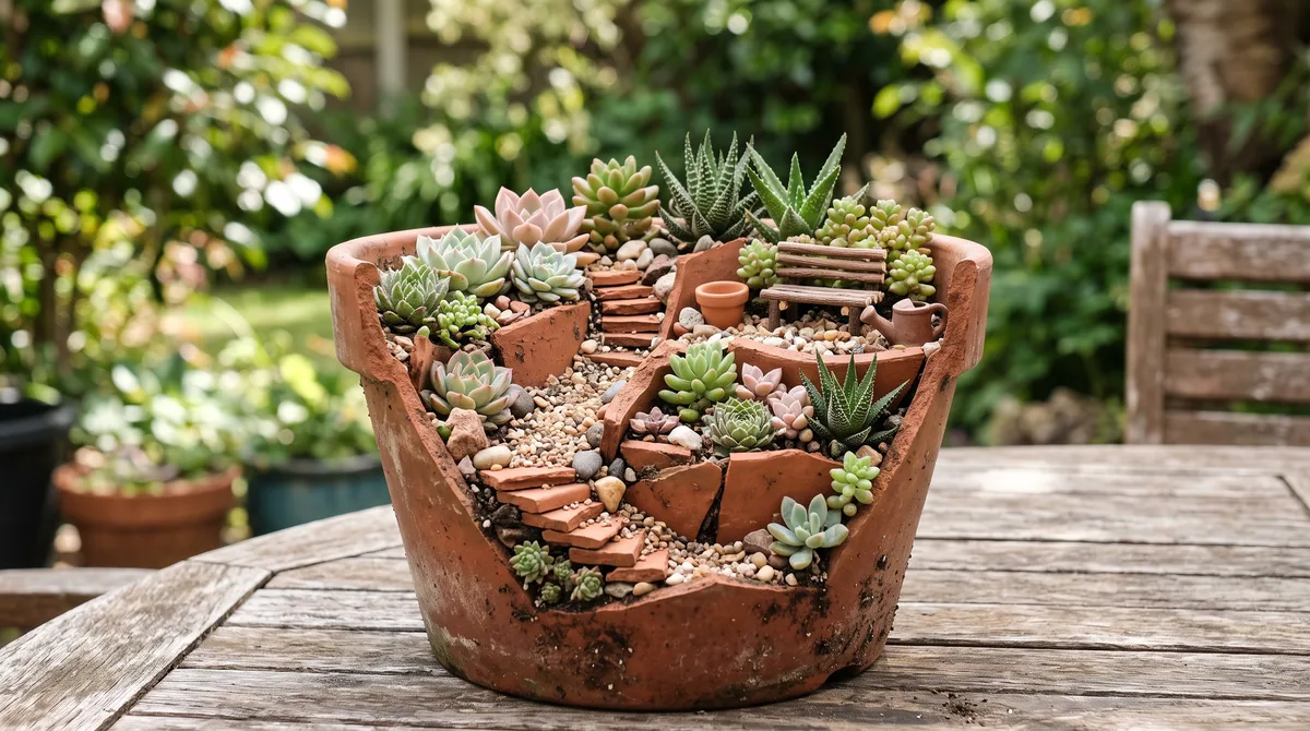 Como eu transformei pedaços de vasos de barro quebrados em um minijardim de suculentas com cara de loja chique