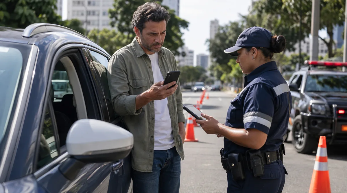 Motorista é parado em blitz com carro elétrico alugado por aplicativo, agente pede CRLV digital, mas cadastro está em nome da locadora, condutor descobre quem responde pela multa
