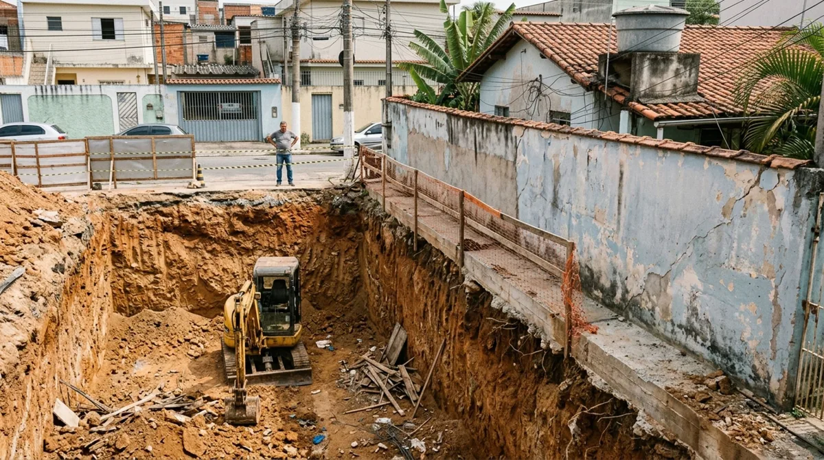 Homem decide nivelar o terreno para construir uma garagem subterrânea, retira caminhões de terra e vizinho percebe que o muro começou a inclinar, mas um laudo aponta que a escavação deixou parte da fundação exposta