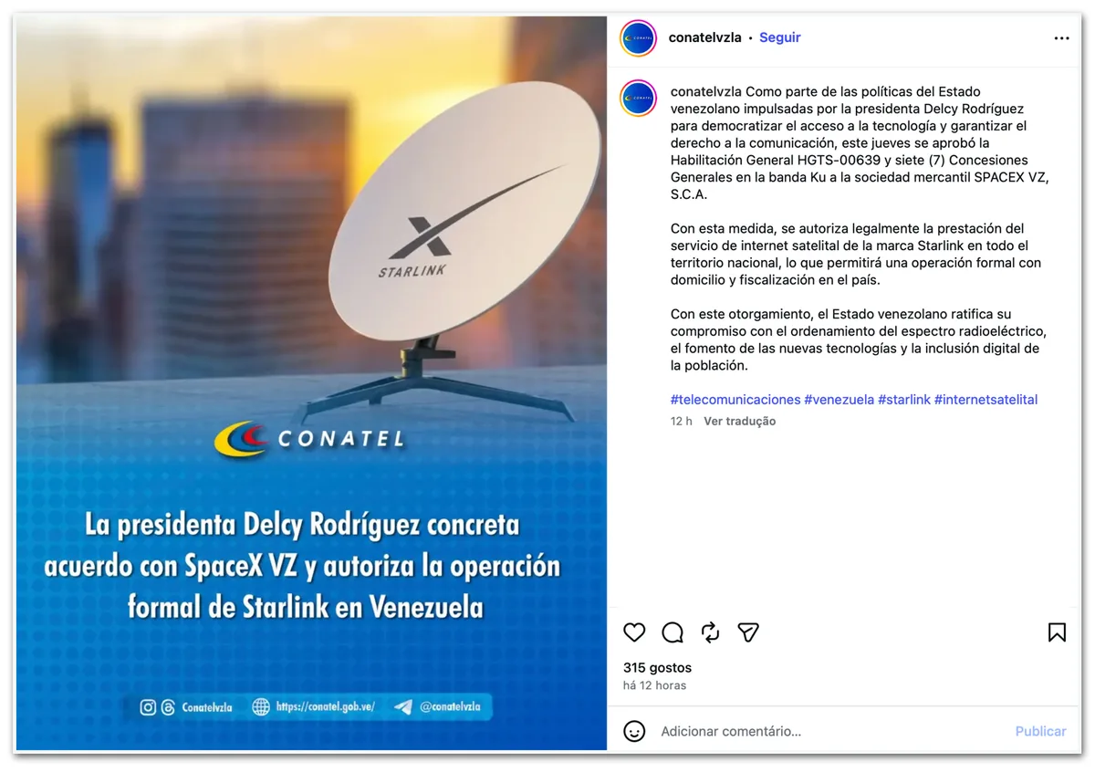 Venezuela autoriza operação da Starlink, de Elon Musk, no país
