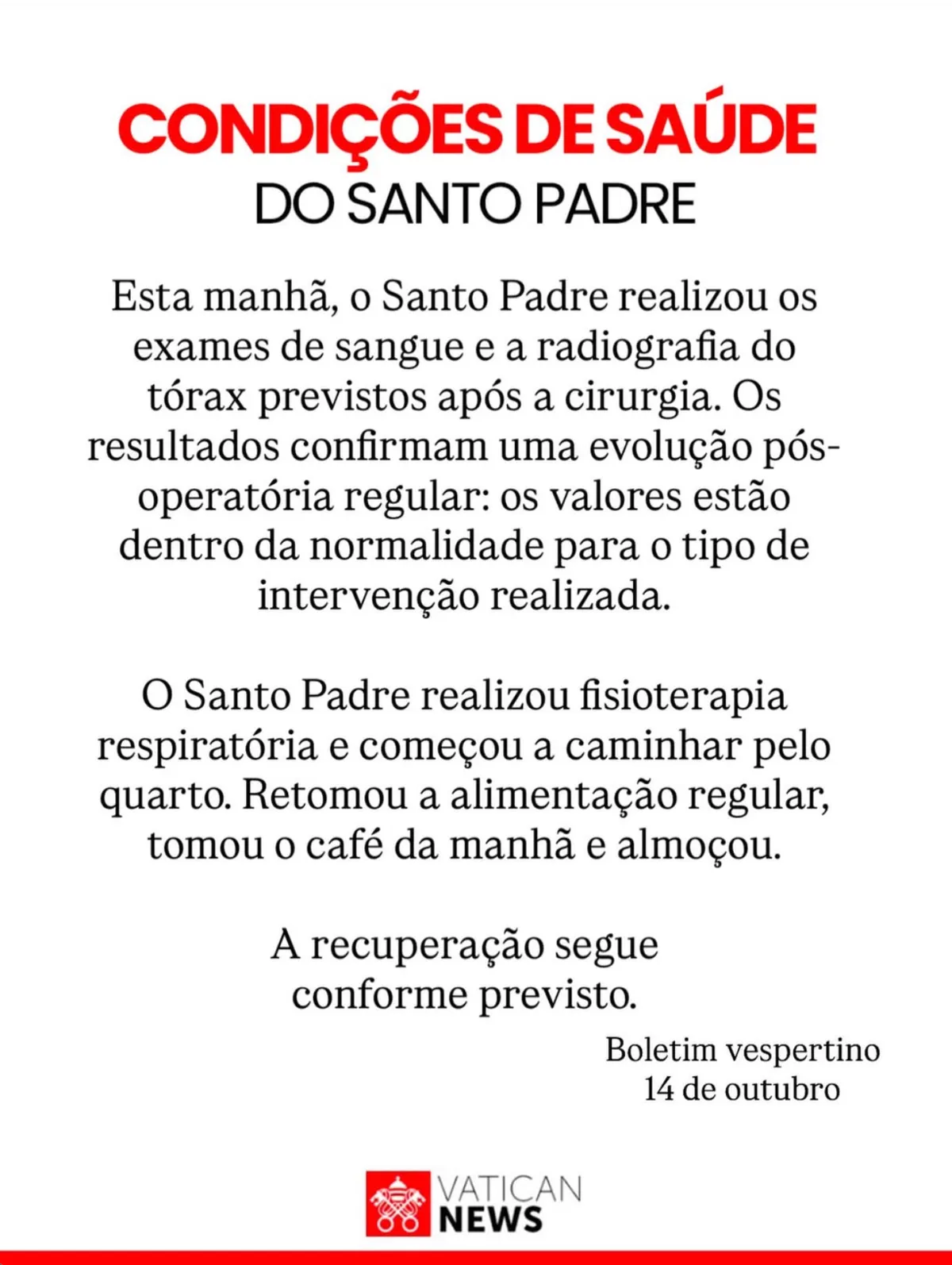 Papa Leão 14 já caminha 1 dia após retirada de tumor no pulmão