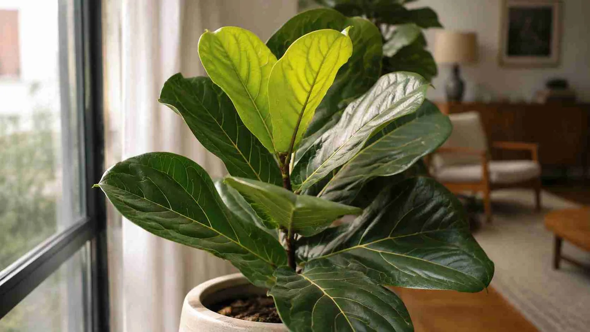 Ficus lyrata em vaso grande junto à janela da sala: o que as novas folhas revelam sobre a quantidade de luz que a planta recebe